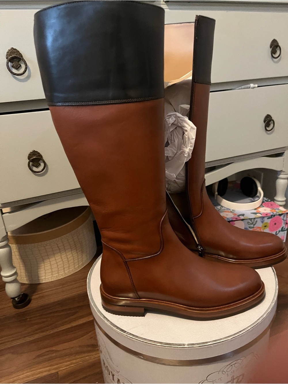 RON WHITE TallTwo-Tone Leather Riding Boots in Brown and Black